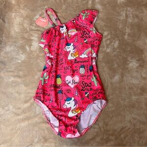 NWT Pink One-Shoulder Ruffle Full-Coverage Unicorn Rainbow Swimsuit - Size 10